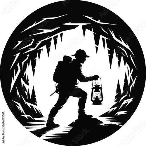 Adventurer holding a lamp exploring a dark cave silhouette