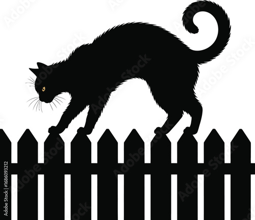 Black cat perched on a white picket fence silhouette