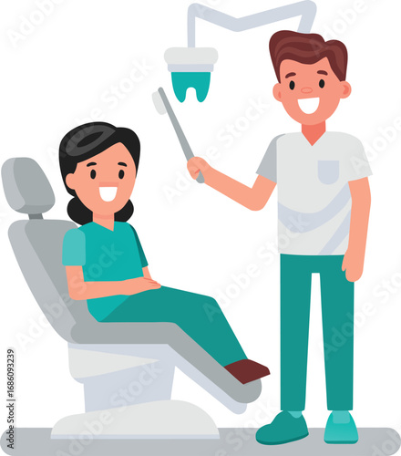 A man and woman sitting together in a dentist chair, both appearing relaxed in a dental office setting.