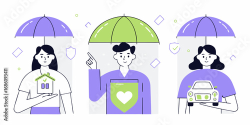 Diverse people protected by umbrellas representing insurance for home health and auto