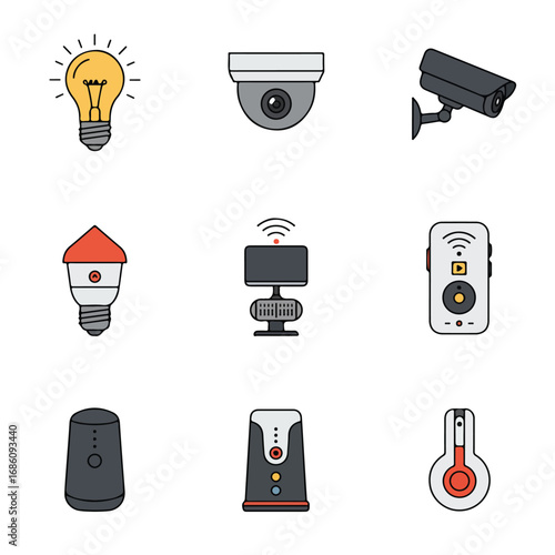 Nine illustrated icons representing smart home technology Features include lightbulbs cameras remotes and thermometers