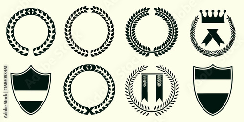 Collection of laurel wreaths shields and crowns representing achievement and victory