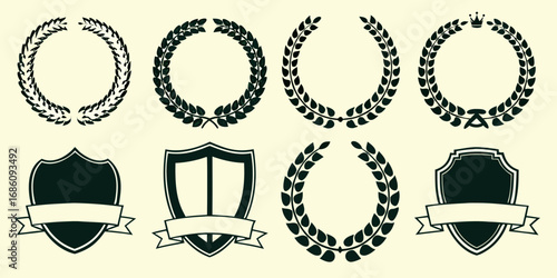 Collection of laurel wreaths and shields with ribbons emblematic of victory and achievement
