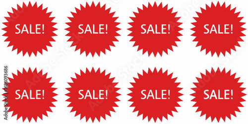Eight red starburst sale price tags with white text announcing discounts