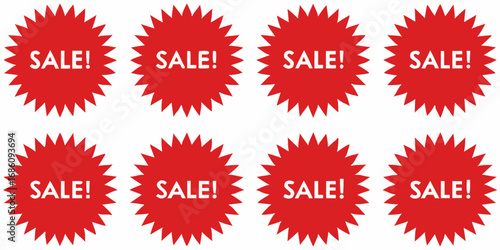 Eight red starburst sale signs with white text on a white background