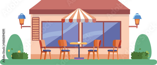 Outdoor dining area of a restaurant featuring several tables and chairs arranged under a clear blue sky.