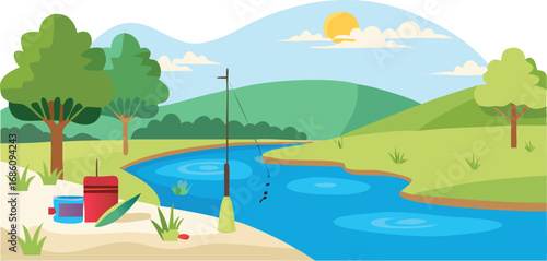 Fishing rod and pole resting on the riverbank, surrounded by water and greenery.