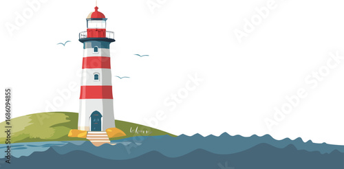 Lighthouse on an island, depicted in a colorful vector illustration against a clear blue sky.