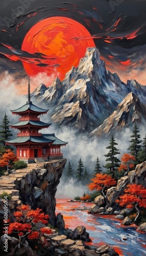 Serene Oriental Landscape with Pagodas, Bridge, and Majestic Mountains Under Red Sun
