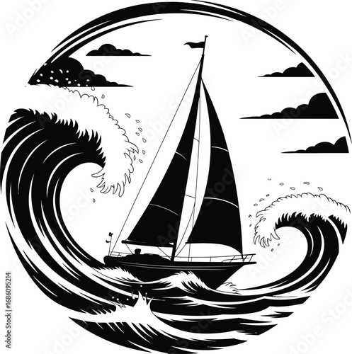 A majestic sailboat navigating through ocean waves at sunset silhouette