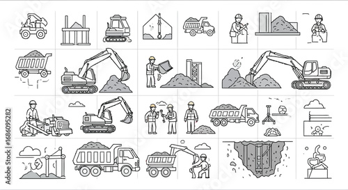 Diverse construction site scenes featuring heavy machinery, workers, and materials in line art style