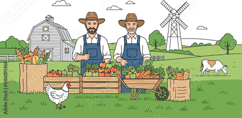 Smiling farmers proudly display fresh harvest bounty with barn and windmill backdrop