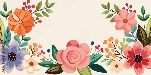 Floral border featuring various flowers and leaves on a soft beige background.
