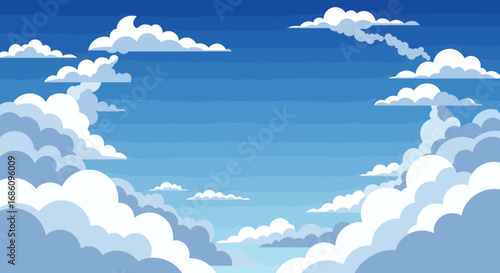 Vector illustration of a bright blue sky filled with fluffy white clouds, perfect as a background for various design projects, available as a high-resolution PNG file.