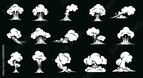 A dynamic collection of white explosion and smoke cloud vector graphics, perfect for game effects, comic book illustrations, or animated sequences.