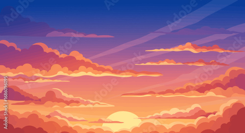 A vibrant vector illustration depicts a stunning sunset scene, featuring a colorful sky filled with dynamic clouds, perfect for various design projects and backgrounds.