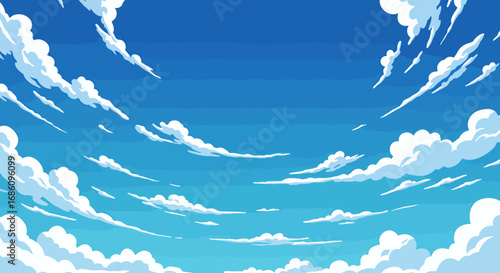 A bright blue sky filled with fluffy white clouds drifting gently, creating a peaceful and serene atmosphere, perfect for backgrounds and design elements.
