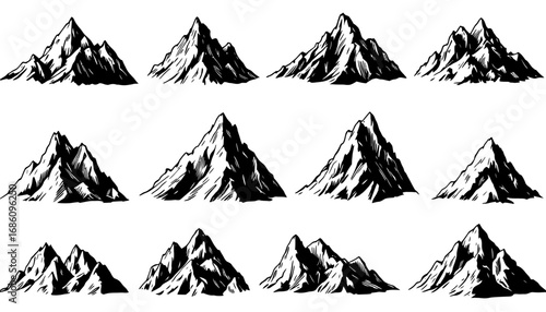 A collection of vector mountain peaks against a bright sky, offering a versatile resource for graphic designers seeking natural and scenic elements, with a transparent PNG background.