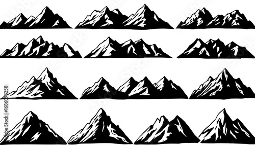 Collection of twelve vector PNG illustrations of various mountain silhouettes, perfect for design projects needing a scenic or adventurous feel, offering diverse shapes and sizes for versatile use.
