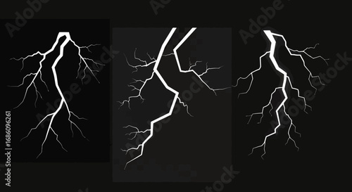 A set of three powerful, realistic white lightning bolts, isolated on a dark background, representing electrical energy and stormy weather.