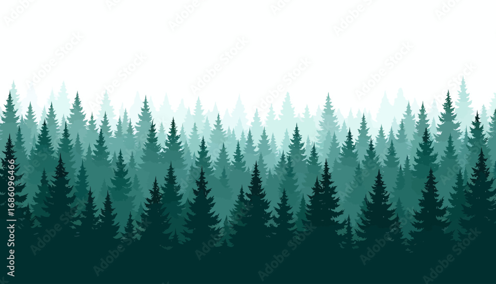 Fototapeta premium A serene vector illustration showcases a dense forest of evergreen trees in varying shades of green, creating a tranquil and visually appealing landscape against a clean, white sky.