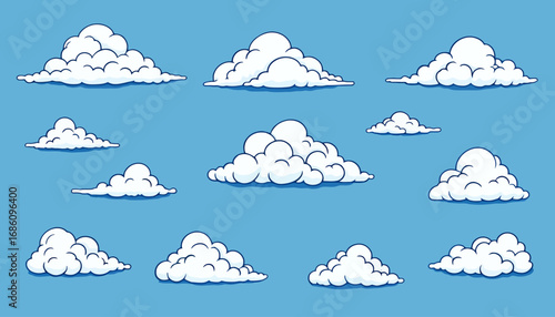 Vector illustration of cartoon fluffy white clouds on a blue sky background, perfect for children's illustrations, websites, and graphic design projects needing a light and airy feel.  Download this