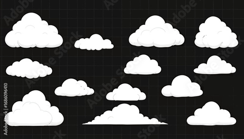 Collection of fluffy white cartoon clouds isolated on a dark background, perfect for digital design and illustration projects.