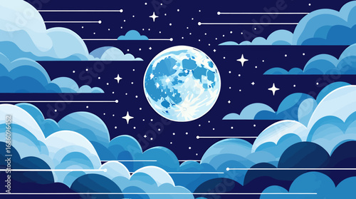 Majestic full moon vector art, shining brightly in a night sky filled with fluffy clouds and shooting stars, perfect for backgrounds and design projects.