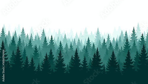 A serene vector illustration showcases a dense forest of evergreen trees in varying shades of green, creating a tranquil and visually appealing landscape against a clean, white sky.