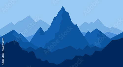 A serene vector landscape depicts layers of blue mountains under a clear sky, ideal for backgrounds, website headers, and nature-themed designs, offering a tranquil aesthetic.
