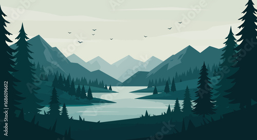 Serene mountain valley landscape with a calm lake reflecting the distant peaks under a vast, clear sky with flying birds.