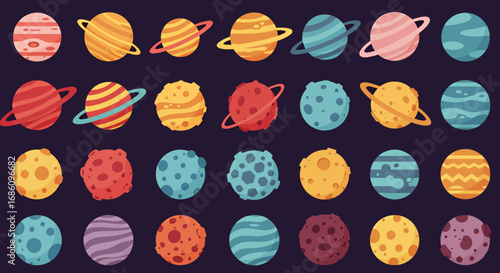 Vector PNG illustrations of colorful cartoon planets and moons, perfect for kids' projects, space-themed designs, or whimsical backgrounds.  Download this vibrant collection of celestial bodies for