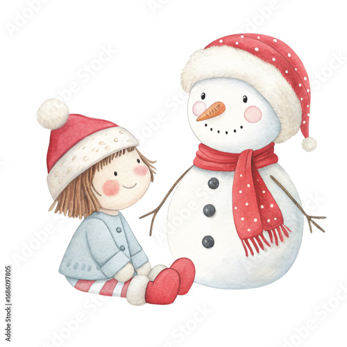Watercolor illustration of a cute rag doll in a Santa hat sitting beside a cheerful snowman White background