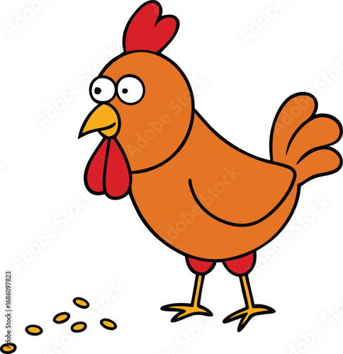 A cartoon chicken stands beside a bowl of food, looking curiously at its meal.