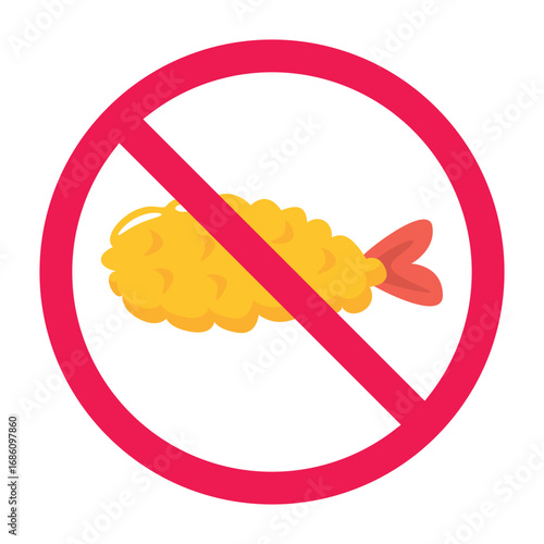 No fried shrimp sign, forbidden crispy fried shrimp sign, shrimp tempura prohibited symbol, do not eat ebi tempura symbol, flat vector illustration
