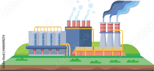 Industrial plant featuring smoke stacks and pipes against a clear sky, illustrating a typical manufacturing environment.