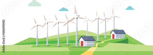 An illustration depicting wind turbines alongside residential houses, highlighting renewable energy in a community setting.