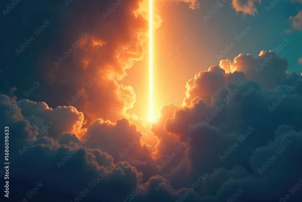 Fototapeta premium A single, bright light beam pierces through dark clouds, symbolizing hope, innovation, and a path to the future A powerful image of inspiration and breakthrough , guidance, clouds, optimism