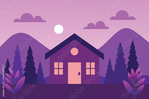 A cozy house nestled in a forest, illuminated by the warm hues of a sunset sky.