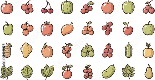 Vibrant assortment of fresh fruits and leaves in a charming, hand-drawn style perfect for healthy living themes.