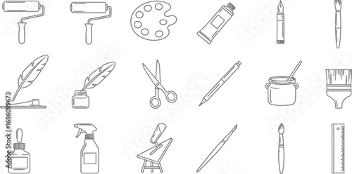 Creative tools collection featuring paint brushes, rollers, ink pens, and art supplies for design inspiration
