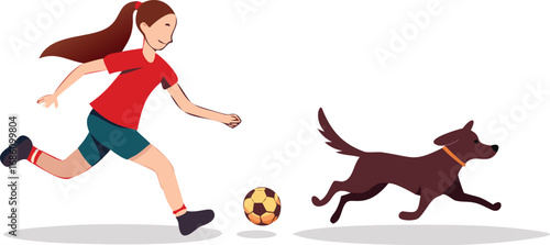 A girl joyfully plays soccer with a dog in a grassy field, showcasing their playful interaction and companionship.