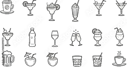 Diverse collection of casual and celebratory drink icons for modern lifestyle and hospitality design projects