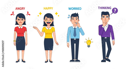 Diverse Emotional Spectrum Exploring Anger, Happiness, Worry, and Thought in Vector Illustration