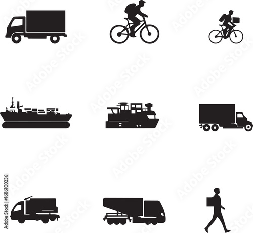 Set of 9 black silhouette transportation icons including trucks, bicycles, boats, and delivery personnel in grid layout
