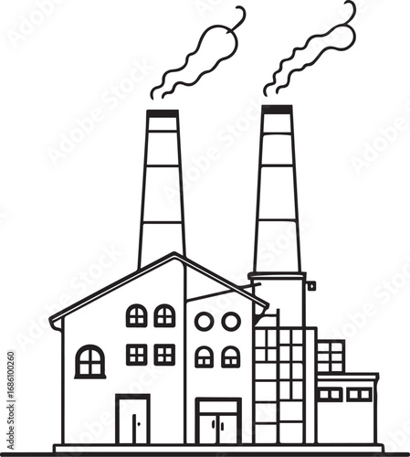 Black and white line drawing of industrial factory with chimneys, smoke, windows, and architectural details
