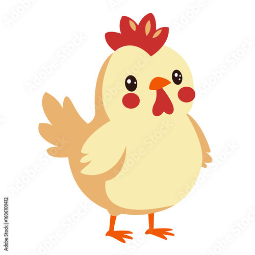 2d illustration cute cartoon hen with cream feathers, red comb, small wings, barnyard chicken character, adorable farm animal for kids design.