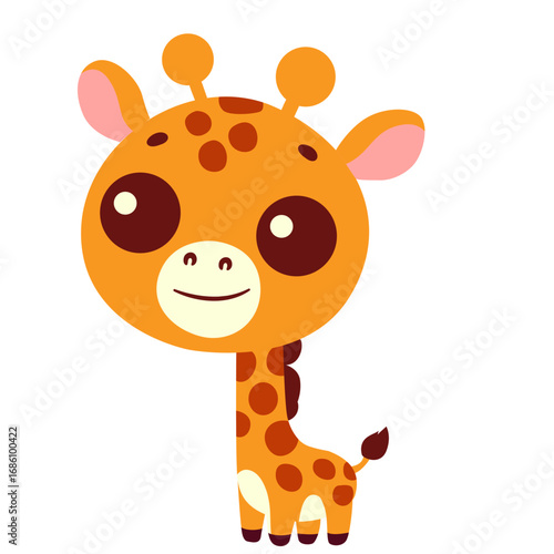 2d illustration cute cartoon giraffe with long neck, orange spots, smiling face, standing pose, adorable savanna animal for children design.