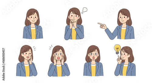 Diverse Expressions of a Young Woman in Various Poses, Showcasing Emotions and Ideas