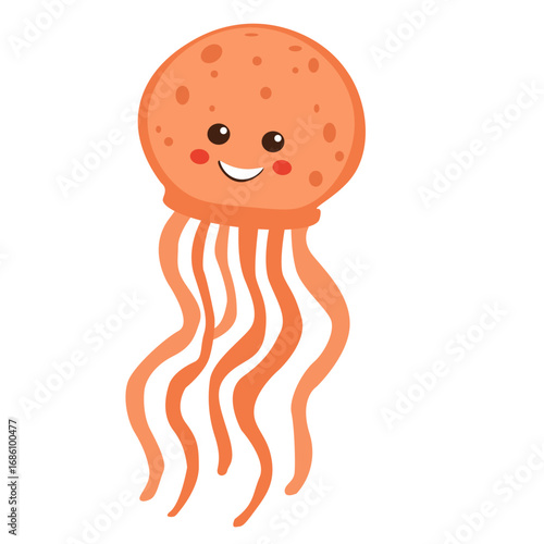 2d illustration cute cartoon jellyfish with orange round bell, long tentacles, cheerful smile, adorable underwater marine character design.